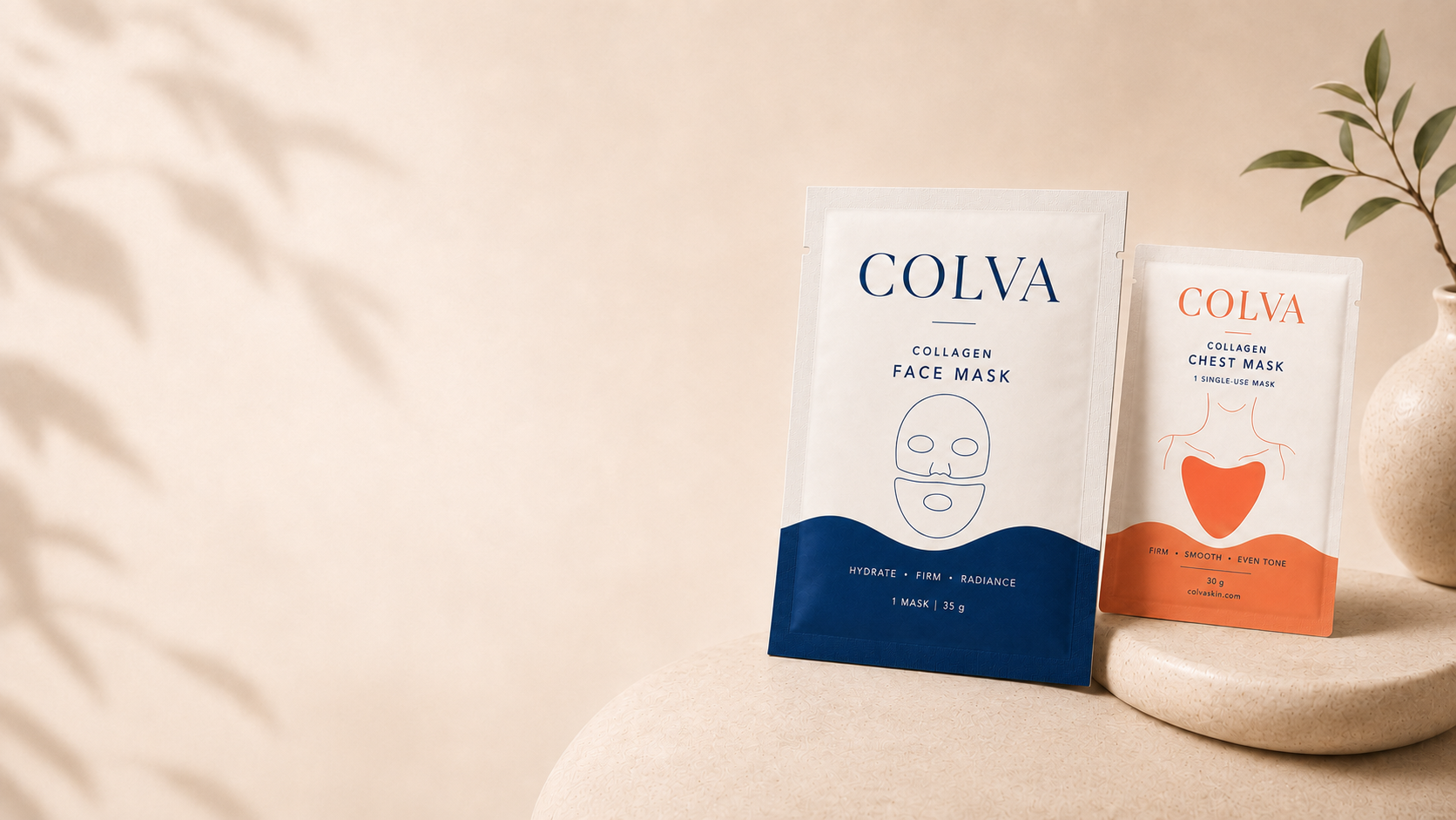 COLVA collagen face mask and chest mask packaging, hydrating and firming skincare sachets