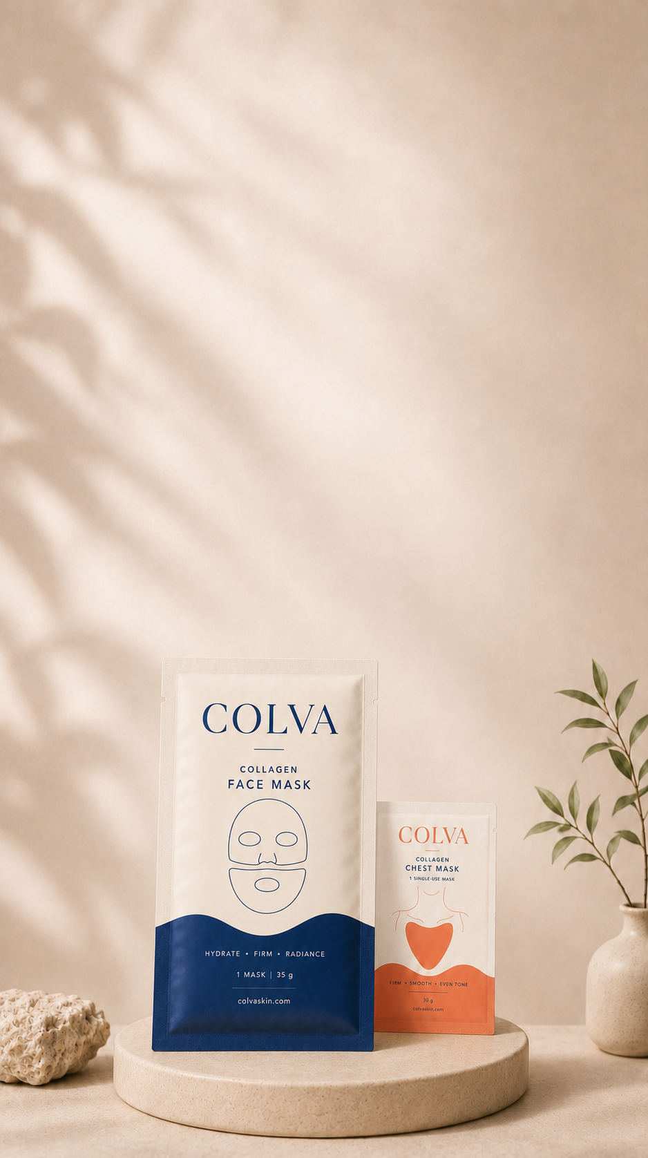 COLVA collagen face mask and chest mask packaging, hydrating and firming skincare sachets