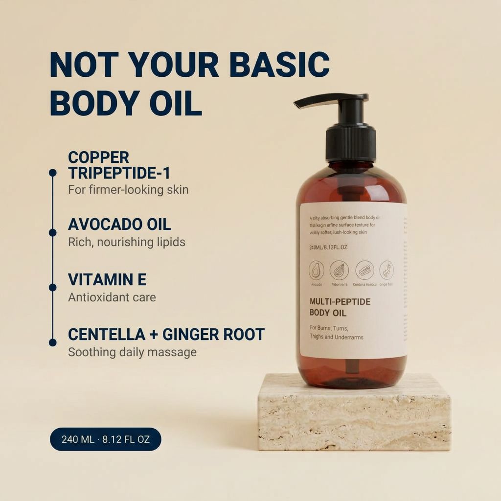 Not your basic body oil: copper tripeptide-1, avocado oil, vitamin E, centella and ginger root