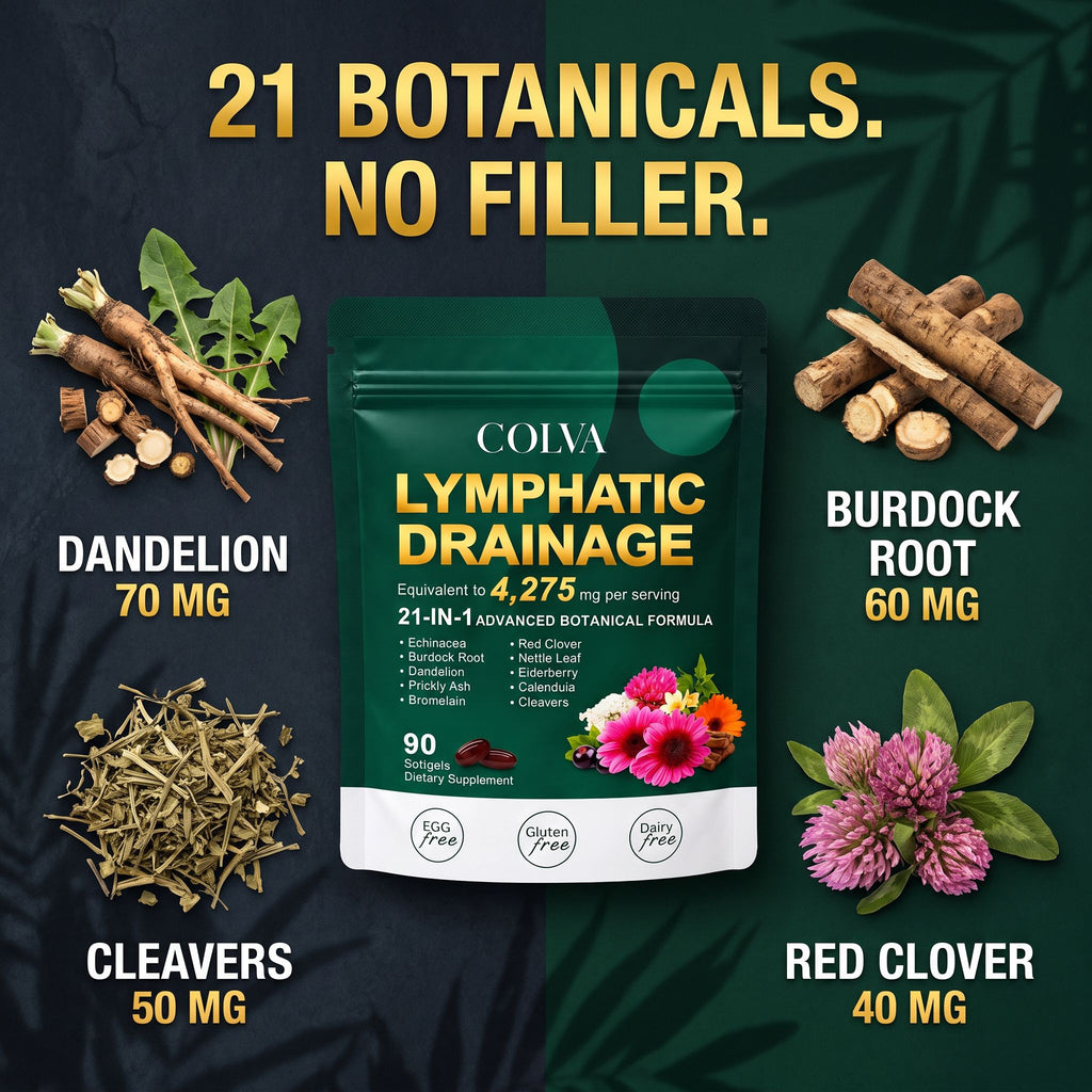 21 botanicals: dandelion, burdock root, cleavers, red clover