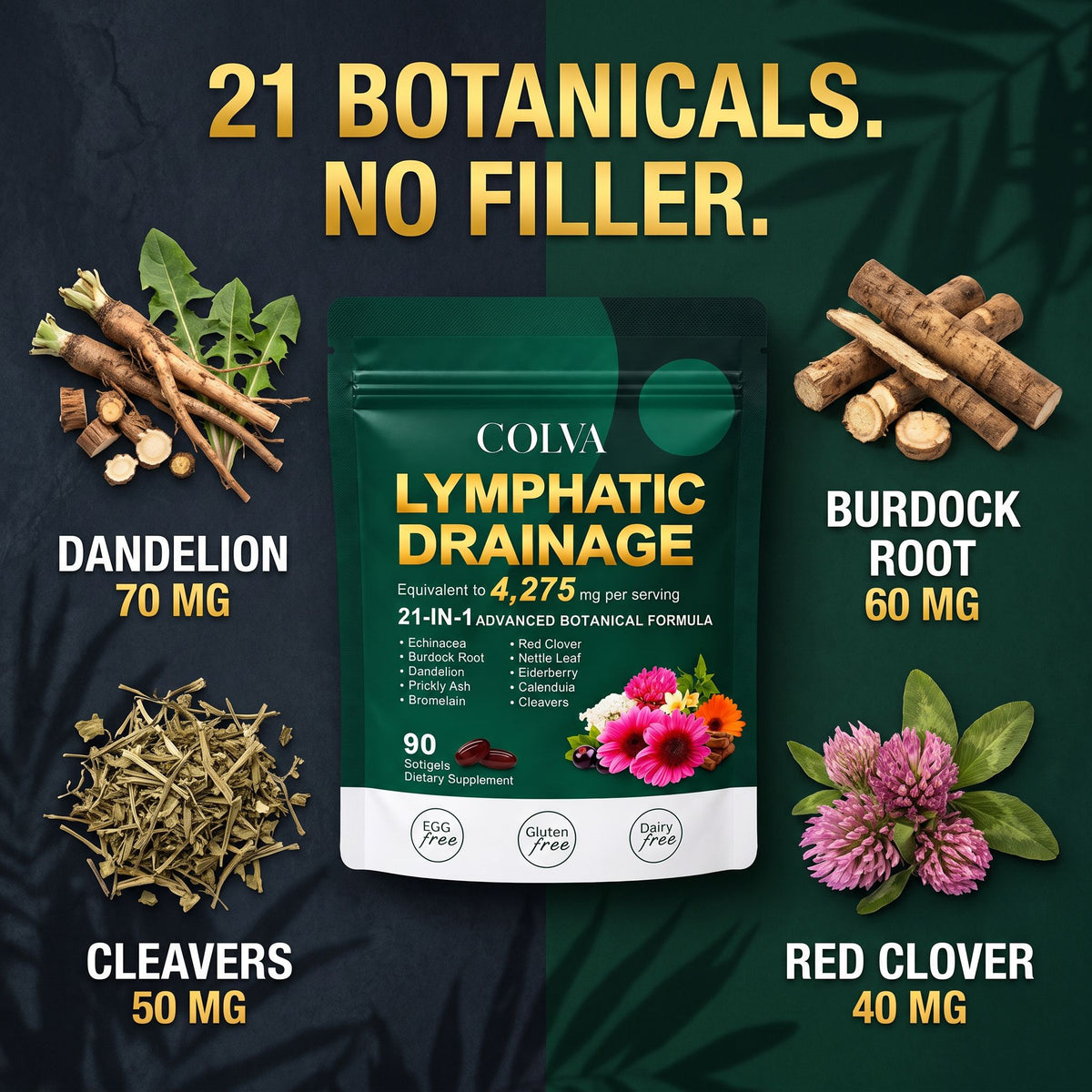 21 botanicals: dandelion, burdock root, cleavers, red clover
