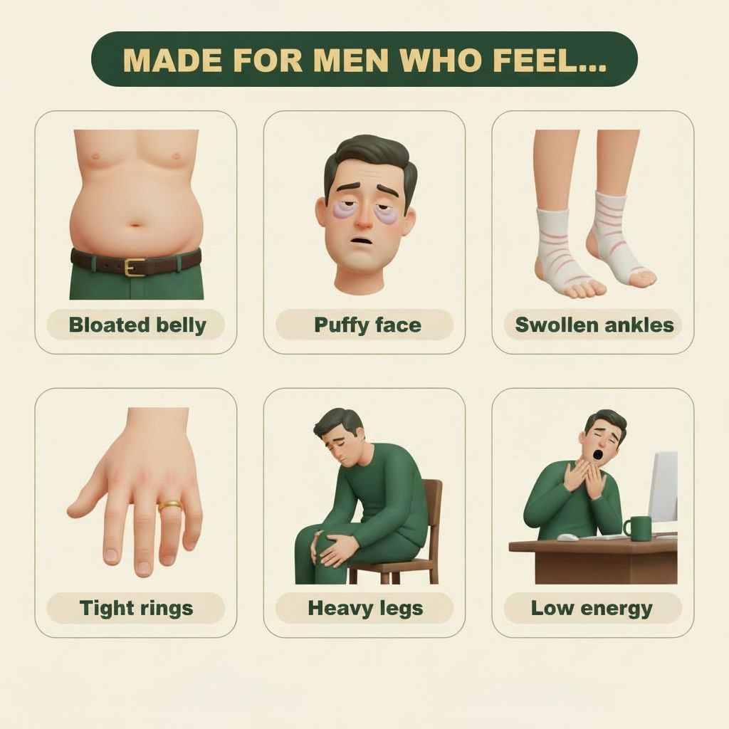 Made for men who feel: bloated belly, puffy face, swollen ankles, tight rings, heavy legs, low energy